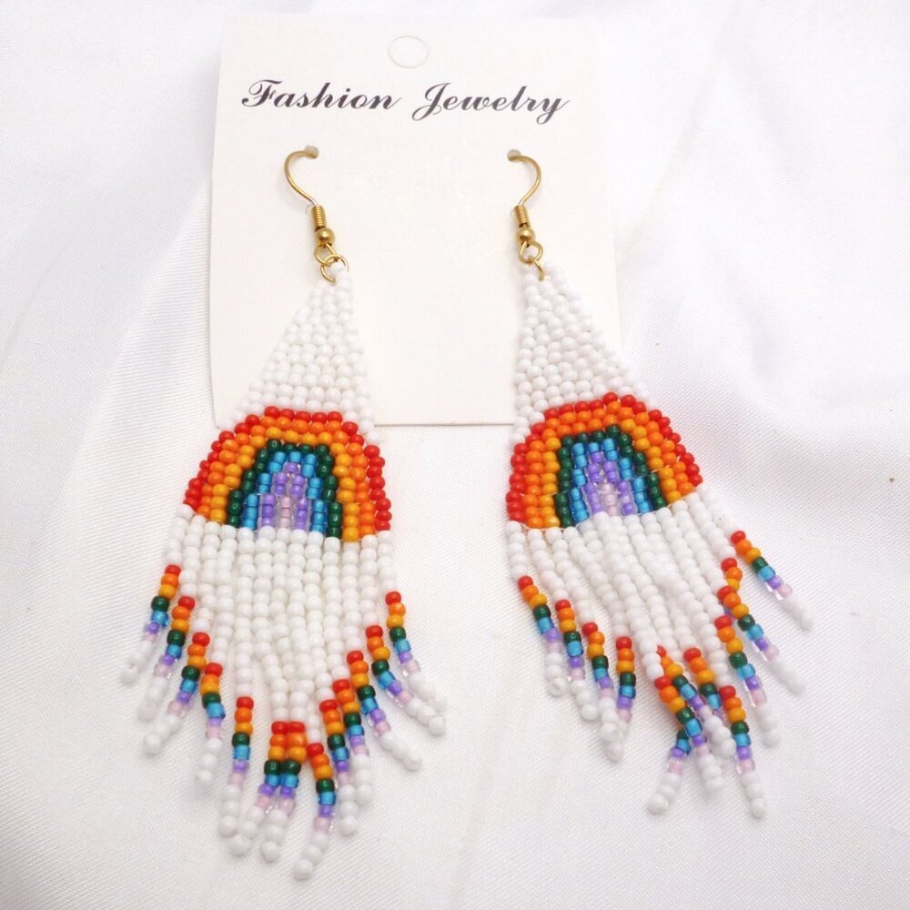 Rainbow Earrings Seed Bead Pride Dangles New On Card 4" Perfect Cond NWT m1651
